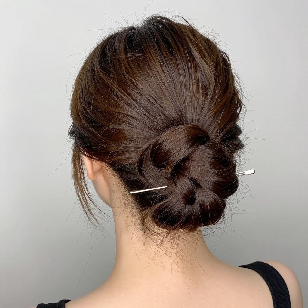 back view of low messy bun showing volume and texture on thin hair