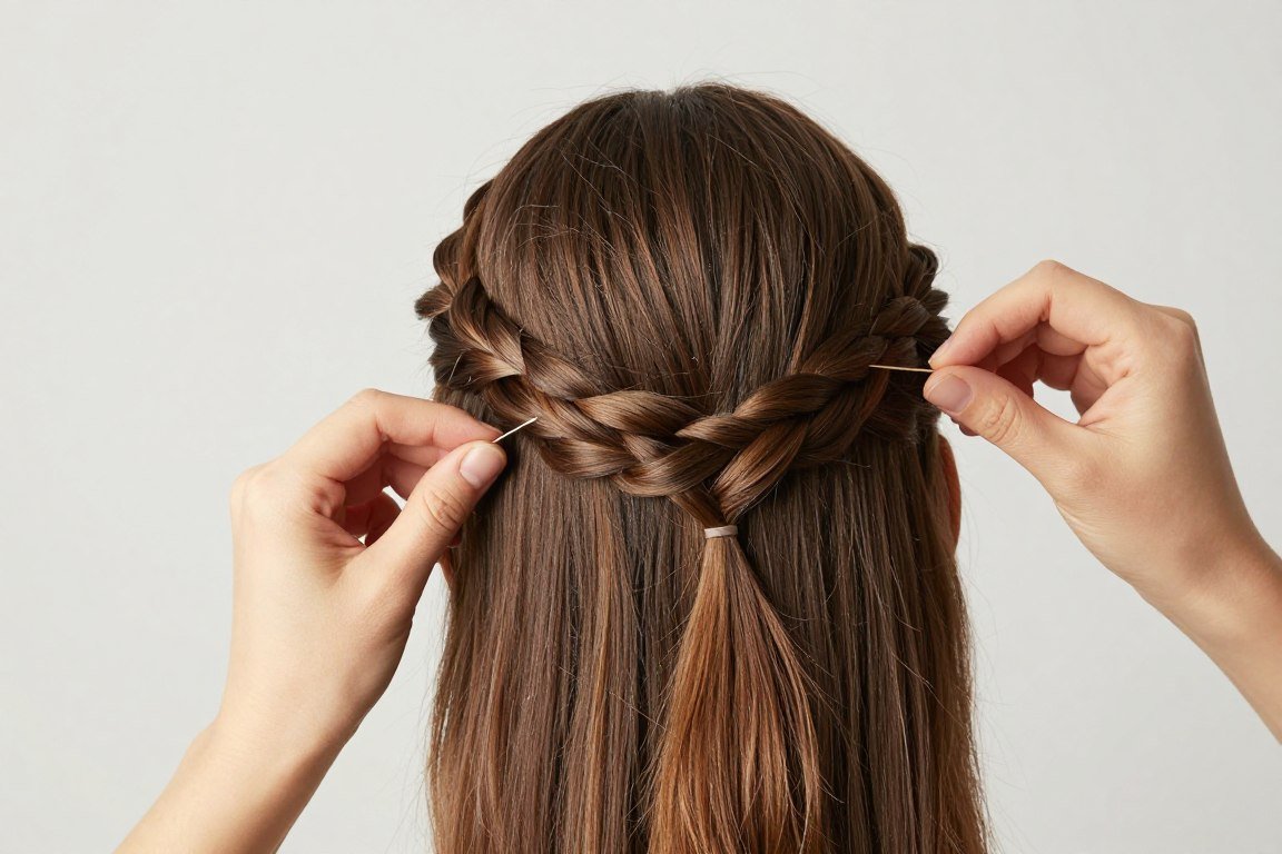 back view of twisted crown hairstyle showing twisting technique on thin hair