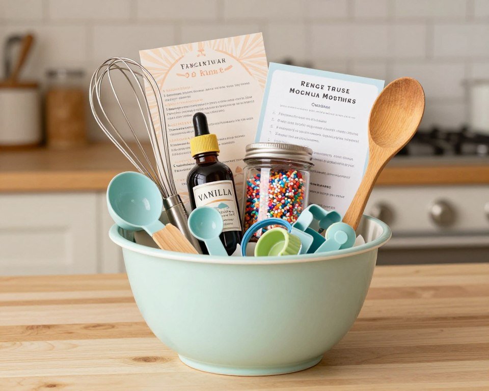 baking gift basket with utensils and ingredients