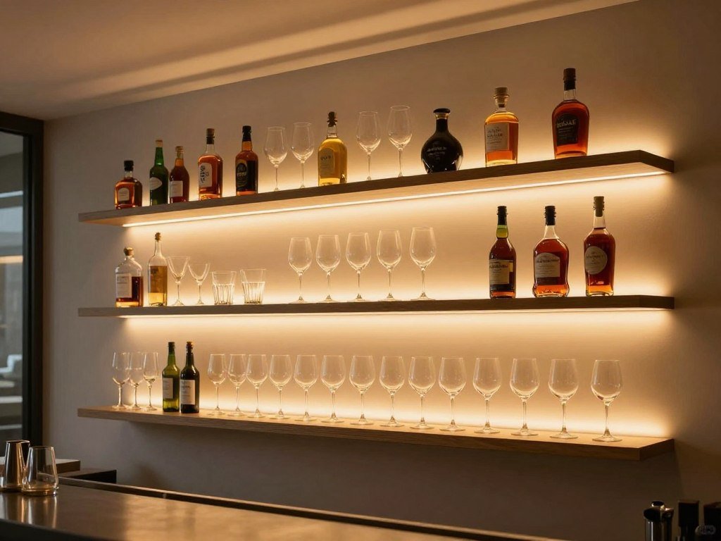 bar shelves with LED strip lighting illuminating glassware collection