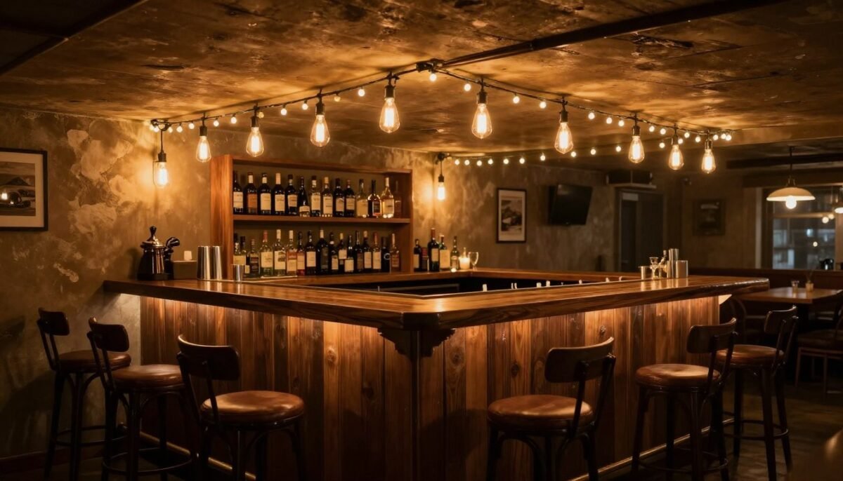 basement bar decorated with warm string lights