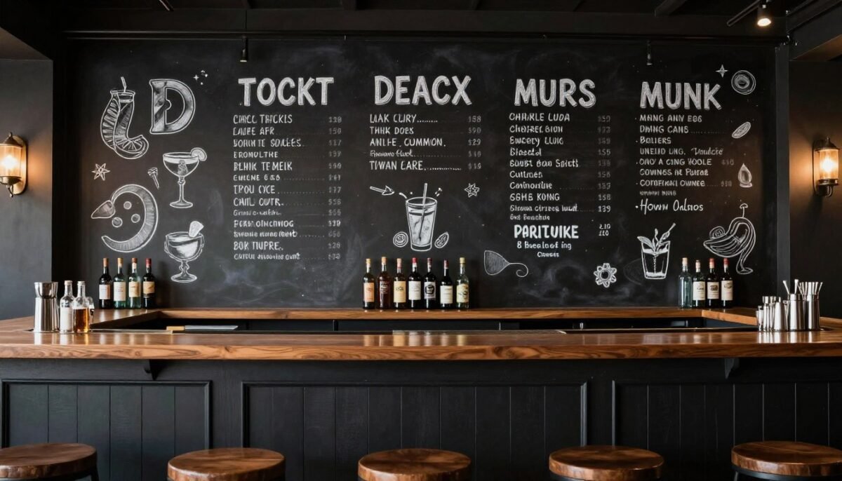 basement bar with chalkboard wall for drink menu