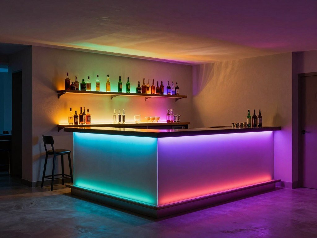 basement bar with colorful LED strip lighting