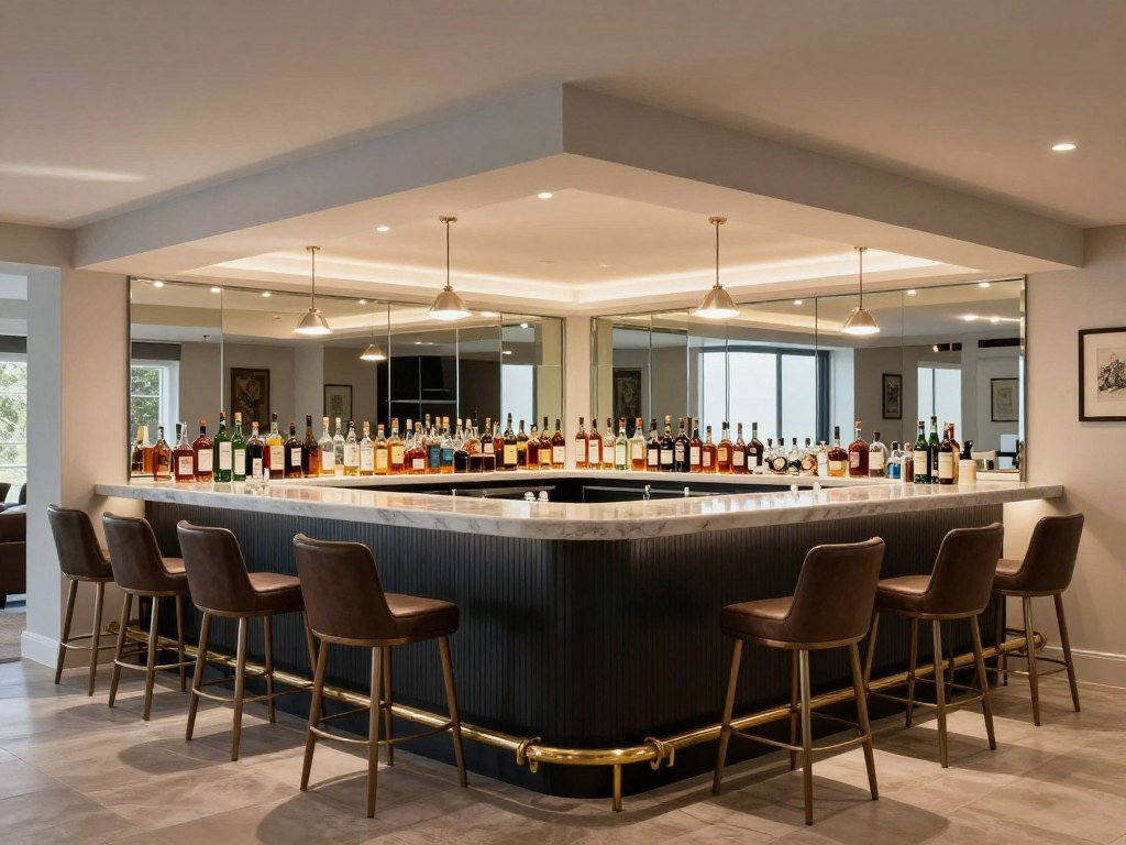 basement bar with mirror backsplash reflecting bottles