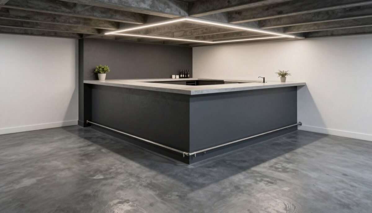 basement bar with painted concrete floor