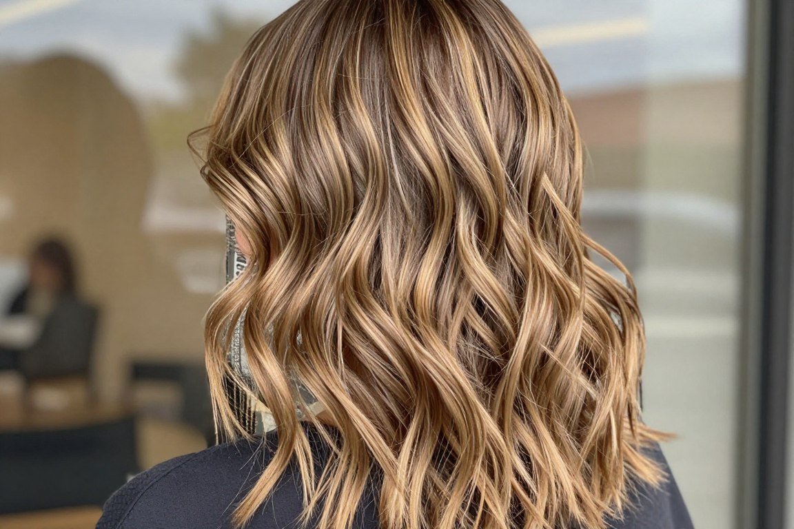 beachy waves on long ash blonde balayage hair