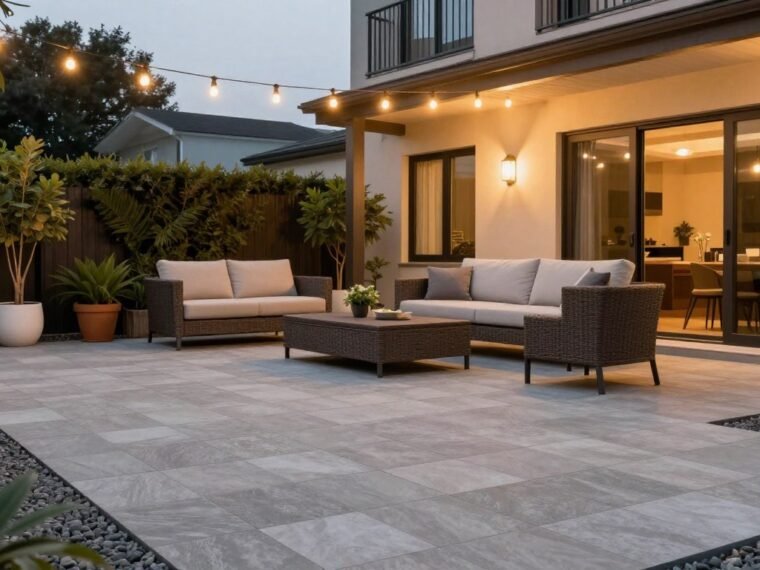 beautiful budget patio with inexpensive flooring materials and outdoor furniture