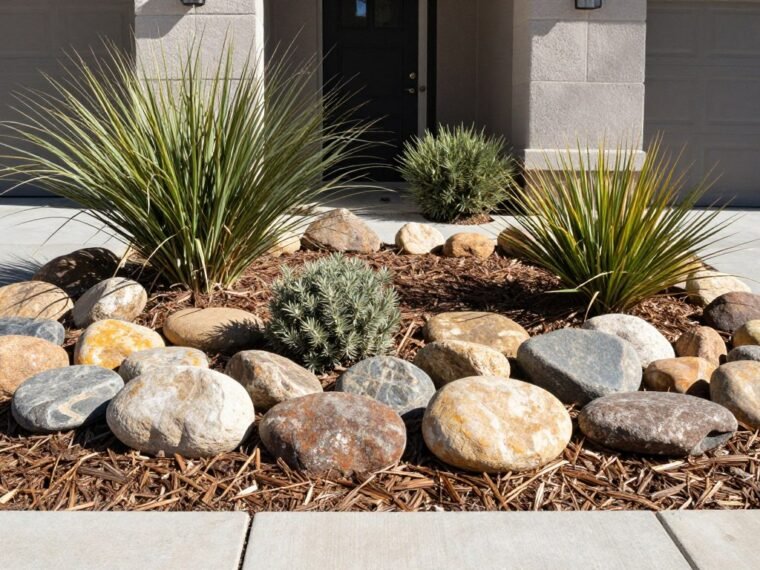 beautiful front yard river rock landscaping design replacing traditional mulch with river rocks and drought-tolerant plants