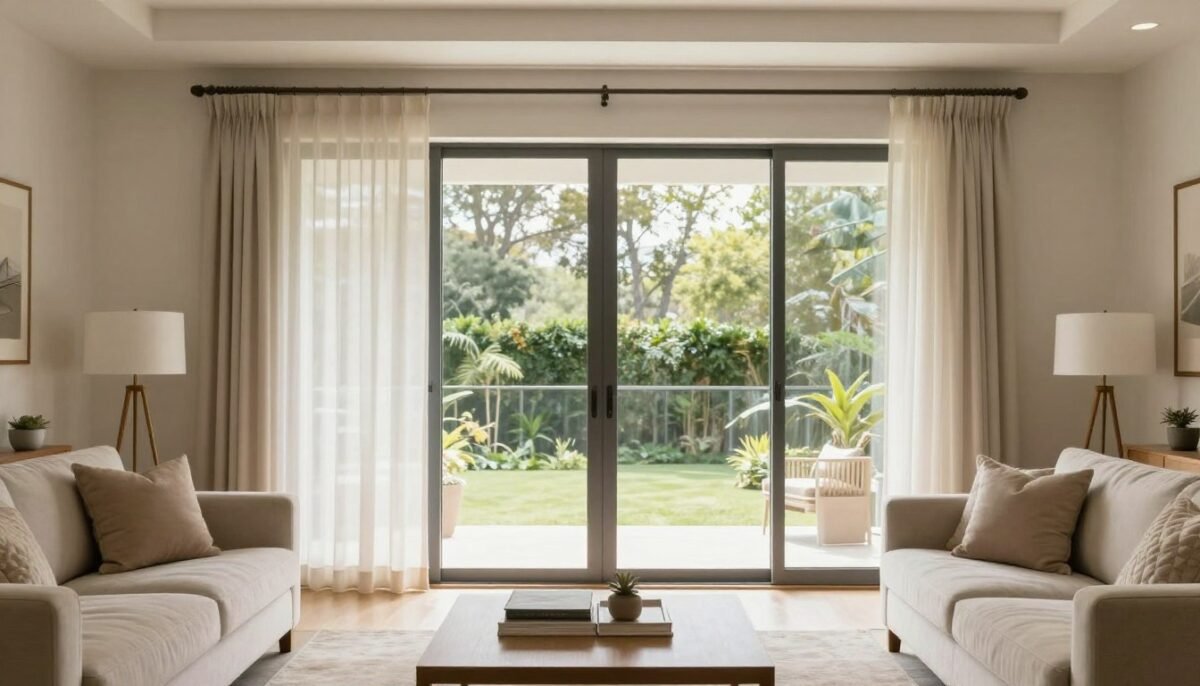 beautiful living room with perfect sliding door treatments