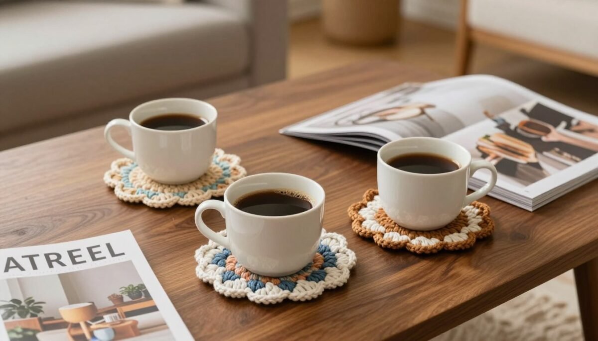 beautiful styled scene with finished crochet coasters in use on coffee table