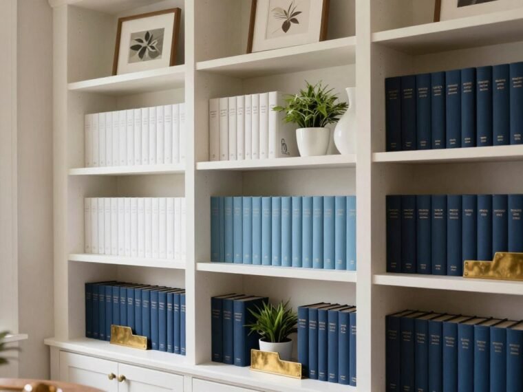 beautifully styled bookshelf with lots of books organized by color and decorative objects