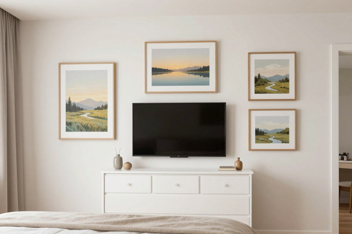 bedroom TV gallery wall with calming artwork and soft color palette