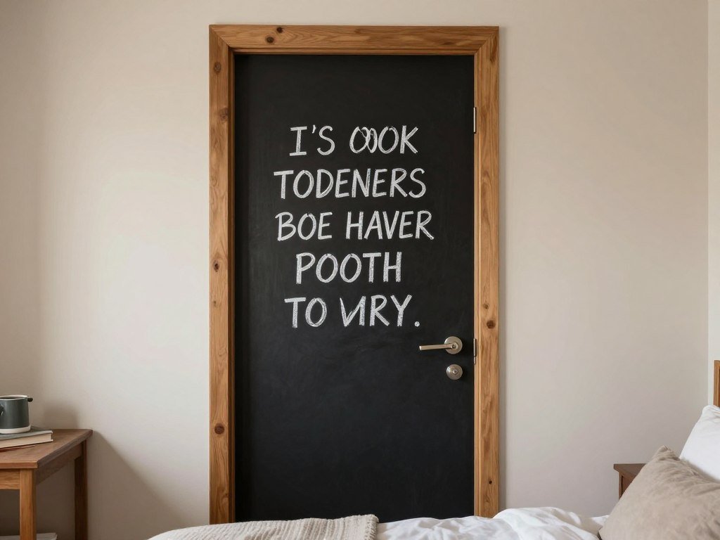 bedroom door with chalkboard paint and decorative writing