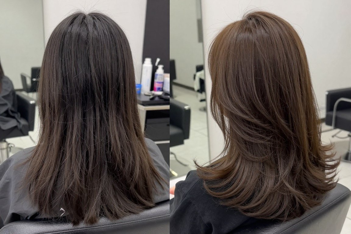 before and after transformation with medium length haircut on thin hair