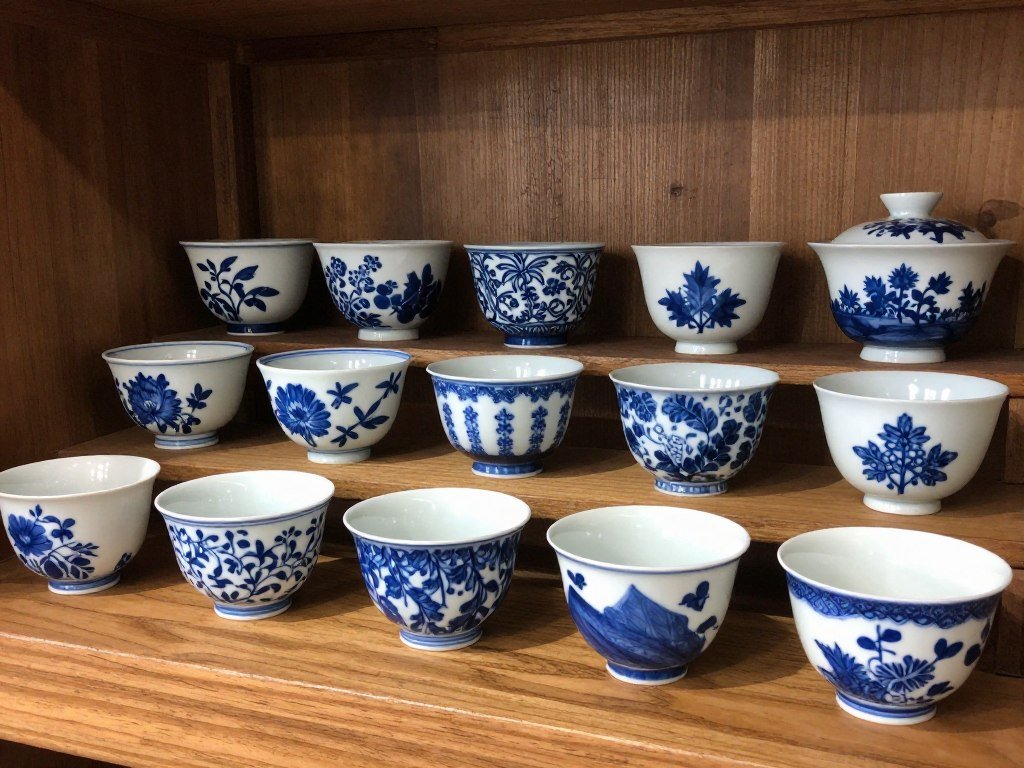 blue and white porcelain tea cups grouped together on display shelf