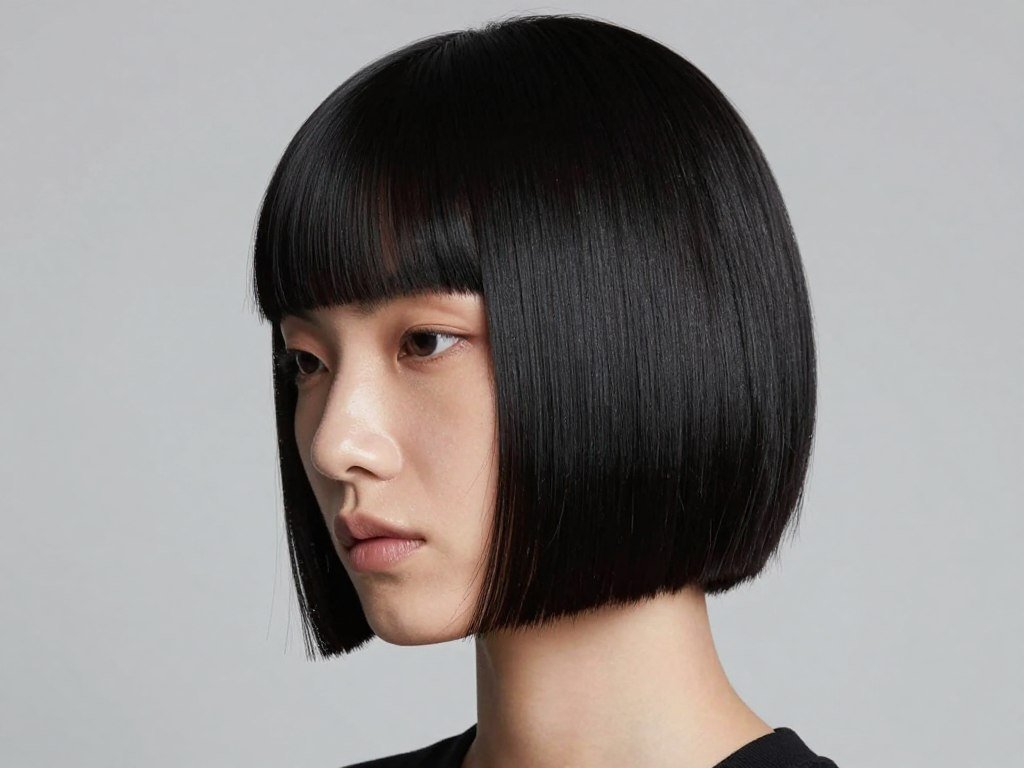 blunt pixie bob with straight bangs for long face