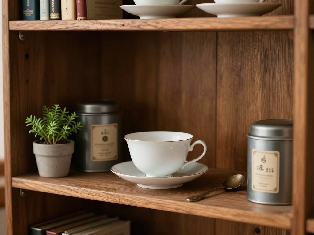 bookcase shelf dedicated to tea cup display with complementary items
