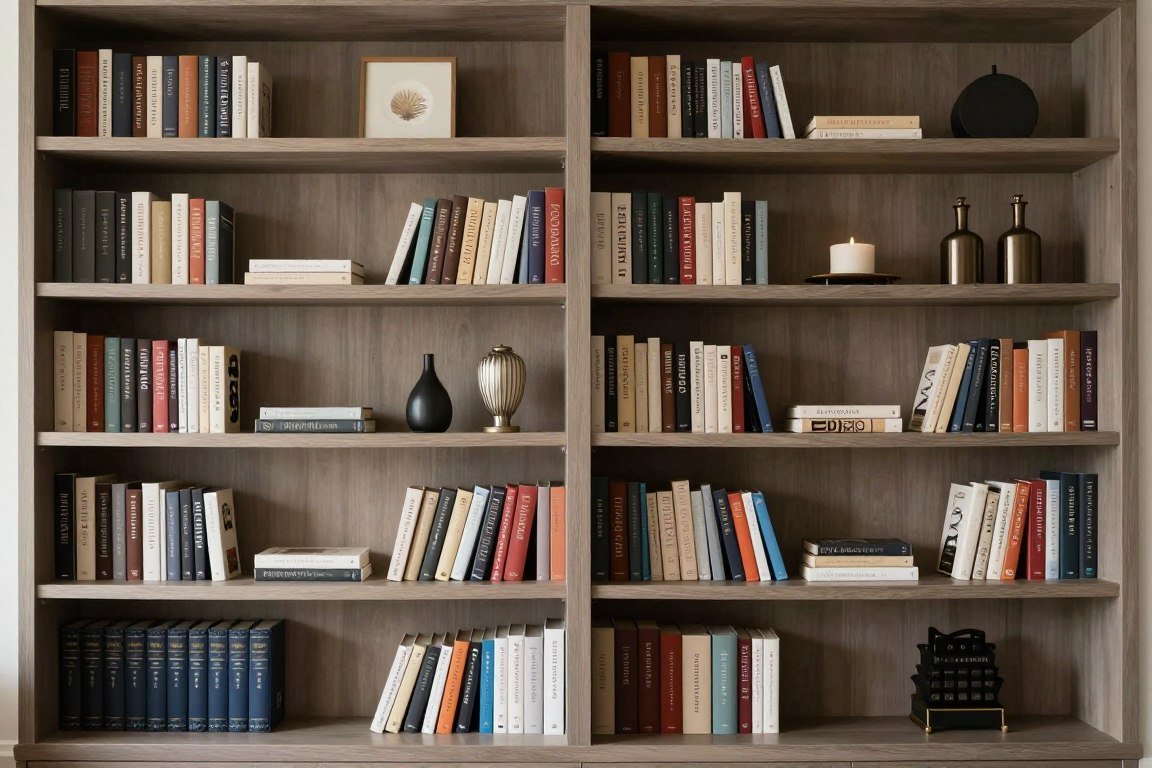 bookshelf arranged with perfect symmetry mirroring left and right sides