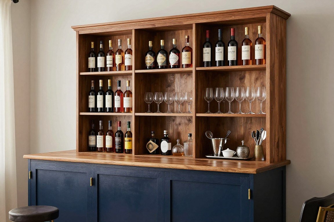 bookshelf converted into home bar with organized bottles and glassware