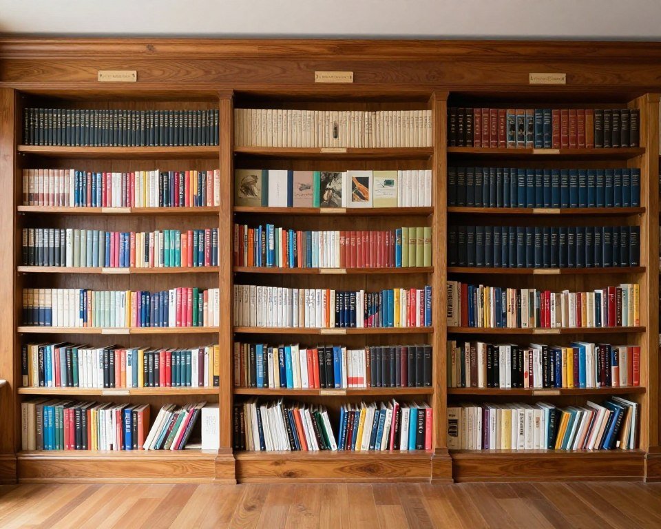 bookshelf organized by genre with clear sections for fiction, non-fiction, and reference books