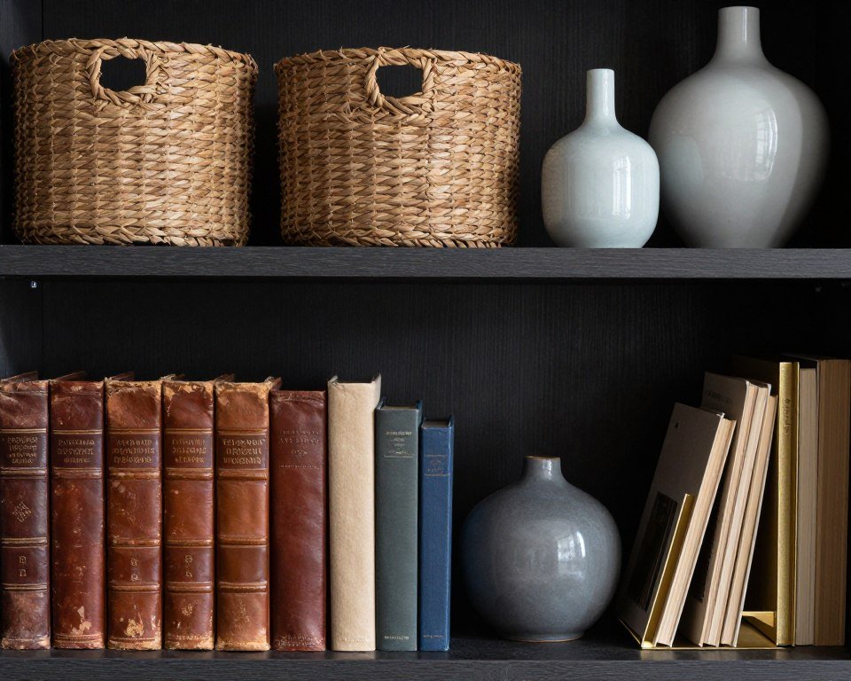 bookshelf showing variety of textures including leather books, woven baskets, ceramic objects