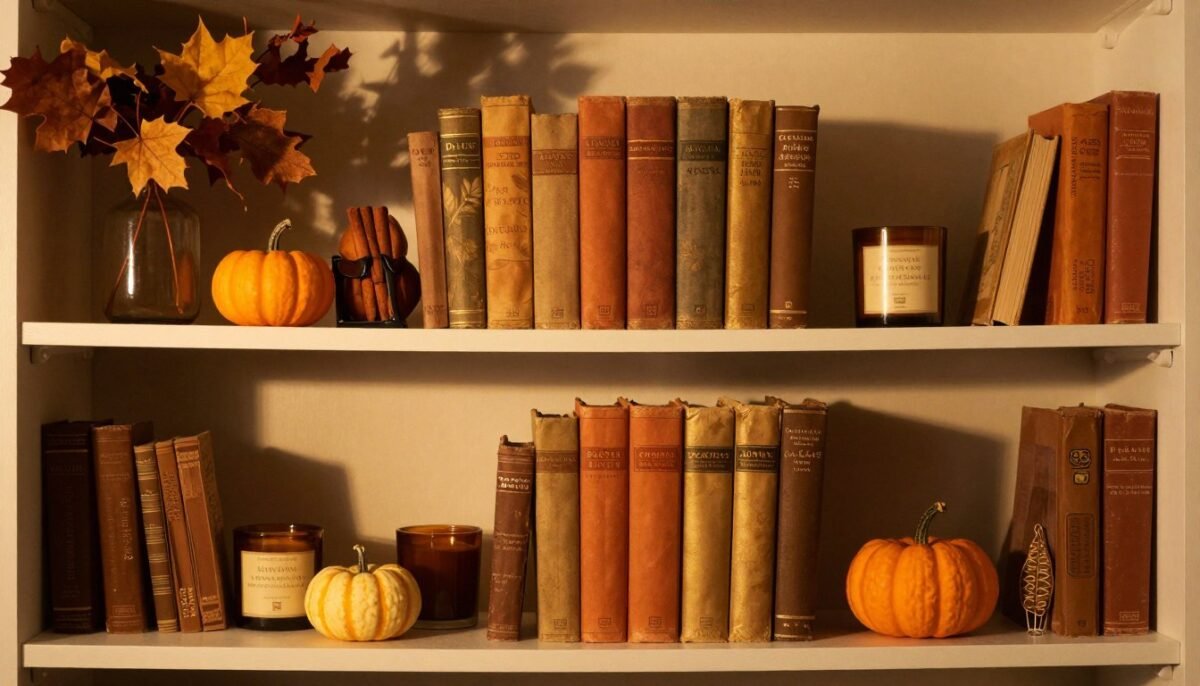 bookshelf styled with autumn-themed decorative elements and warm-toned books