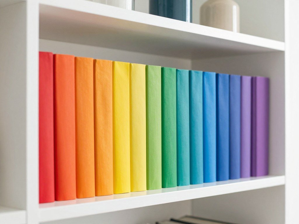 bookshelf styled with books arranged in rainbow color order creating gradient effect