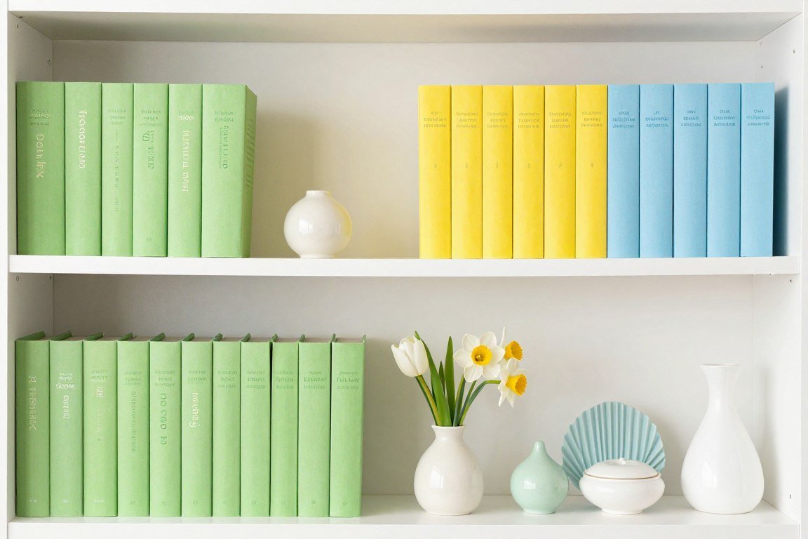 bookshelf transitioning from winter to spring styling with light fresh colors
