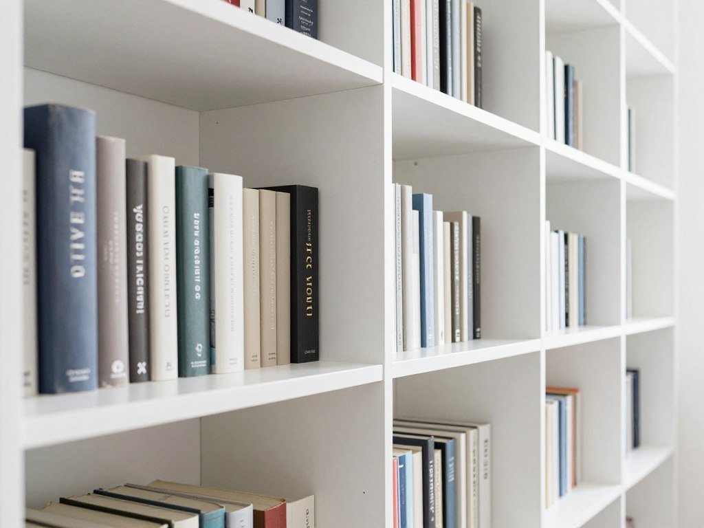 bookshelf with books arranged from largest to smallest creating diagonal visual flow