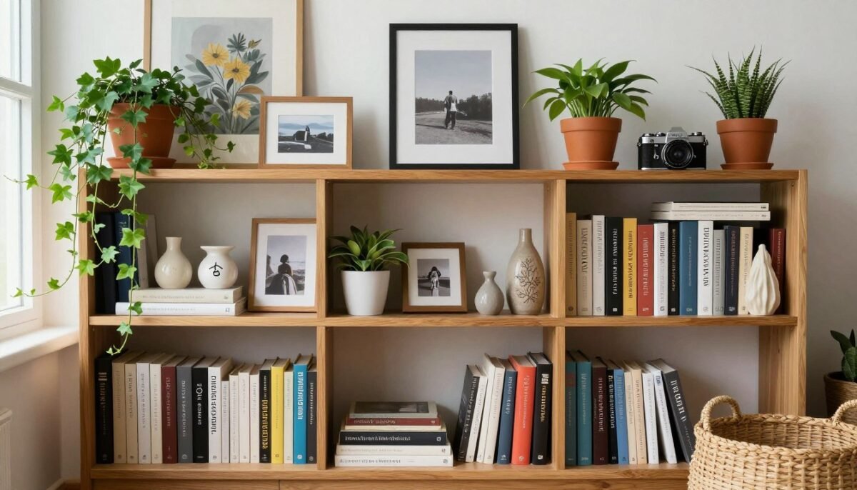 bookshelf with books mixed with art, photographs, plants, and decorative objects