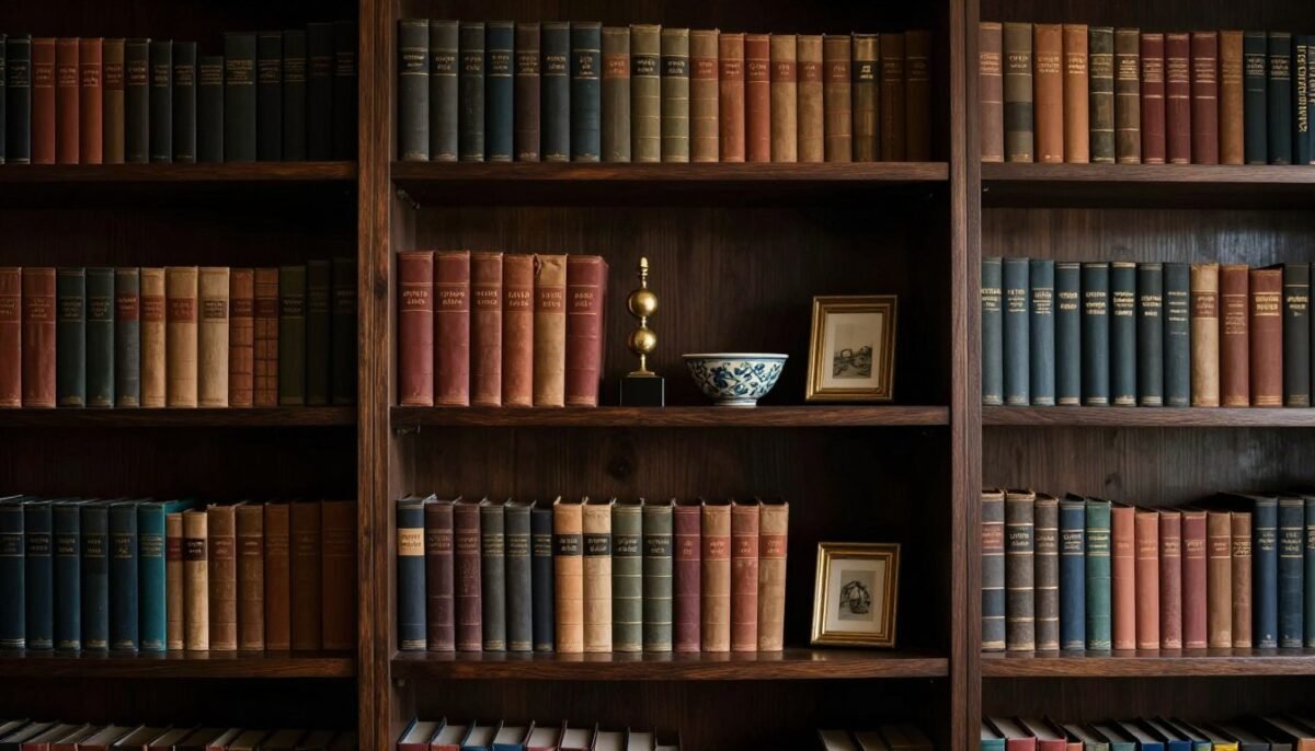 bookshelf with center shelf highlighted as focal point with special books and objects