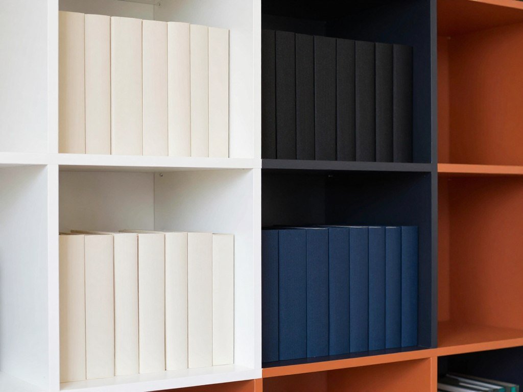 bookshelf with distinct color-blocked sections creating bold visual statement