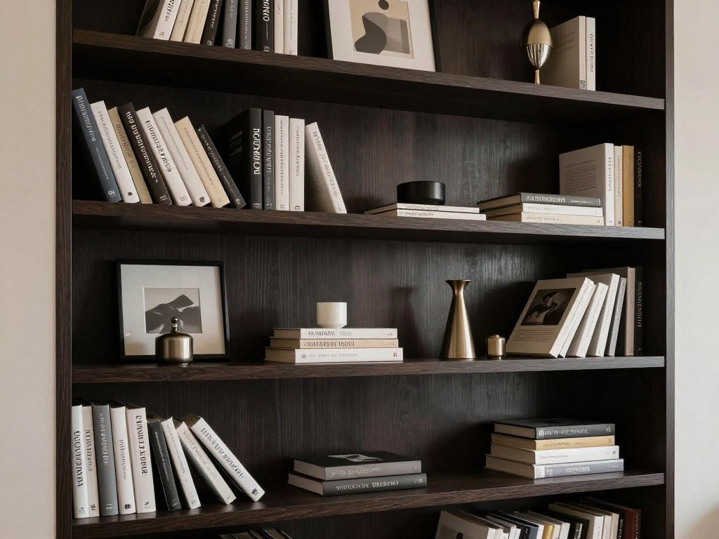 bookshelf with items placed at different depths creating dimensional layered look