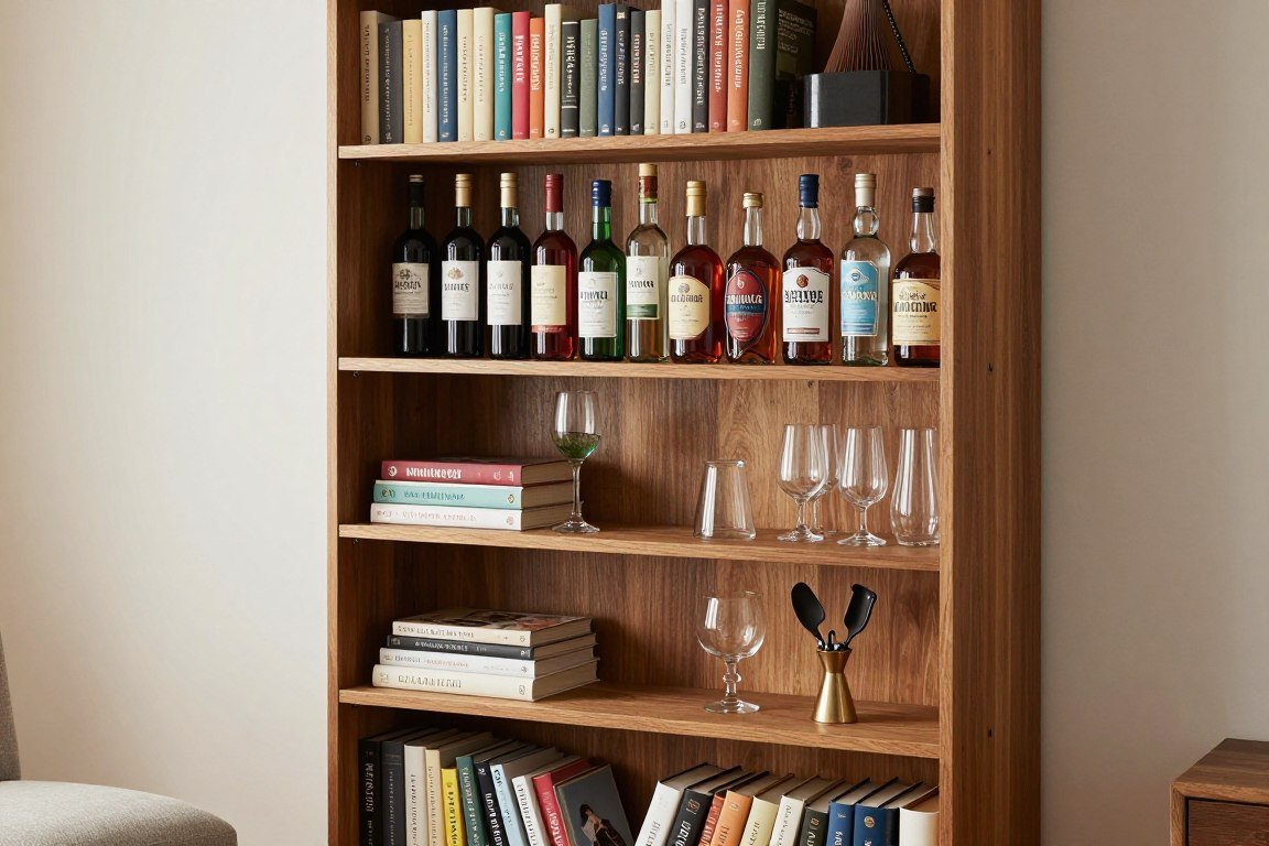 bookshelf with middle shelves converted to mini bar display with bottles and glasses