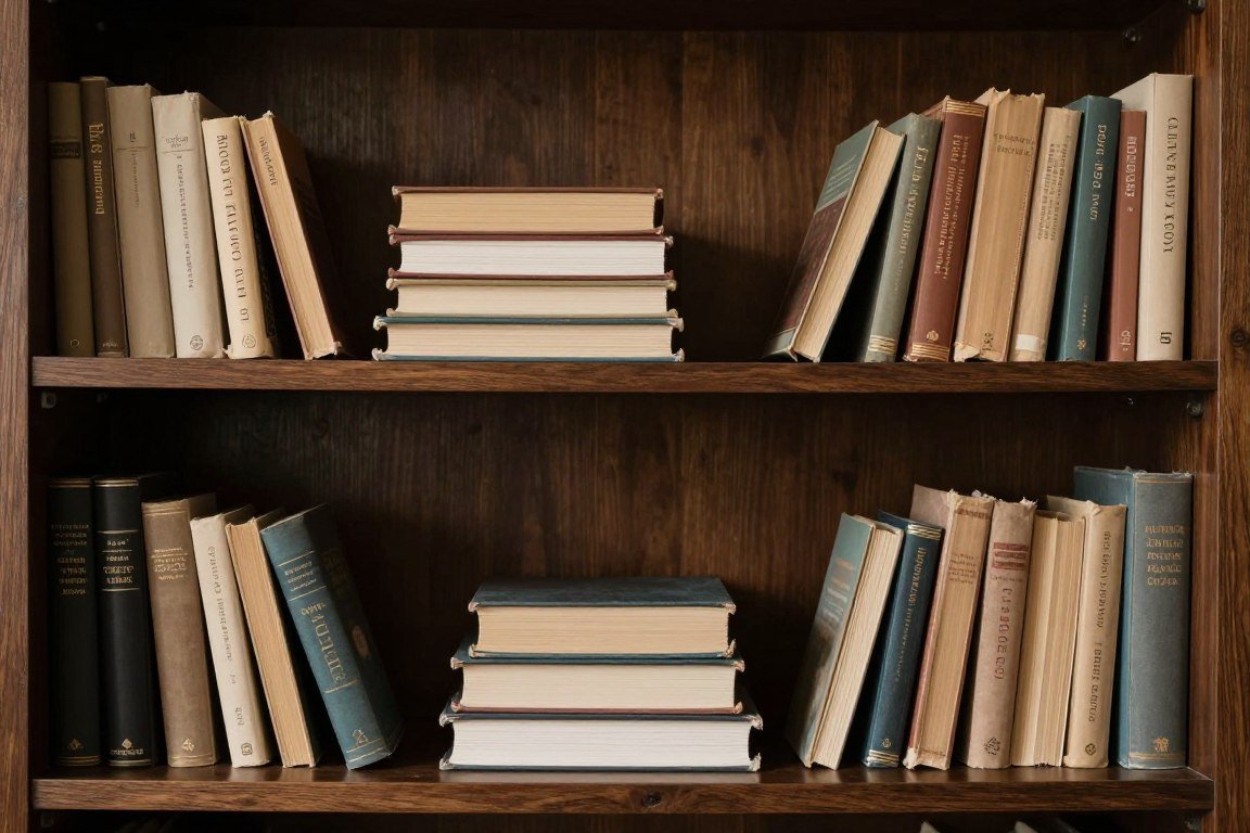 bookshelf with mixed vertical and horizontal book stacking creating visual rhythm