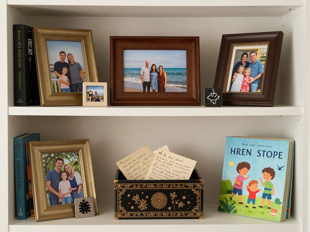 bookshelf with personal mementos, family photos, and meaningful objects integrated with books