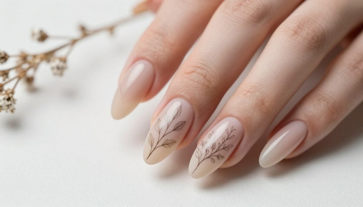botanical May nail design with detailed leaf and stem patterns on nude base