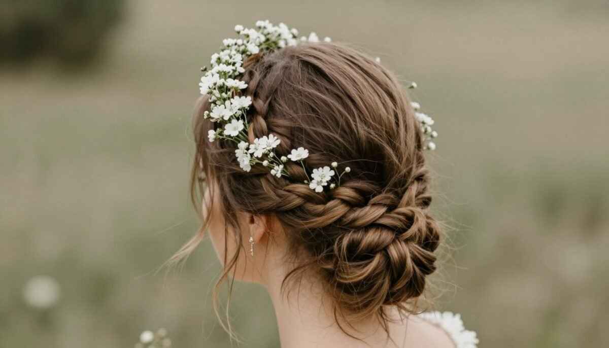 braided crown updo formal hairstyle for thin hair with flowers