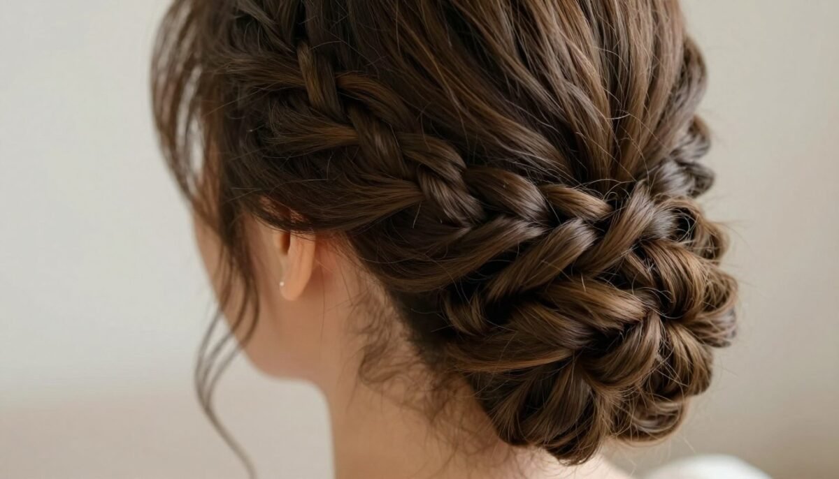 braided low bun formal hairstyle showing intricate braid detail for thin hair