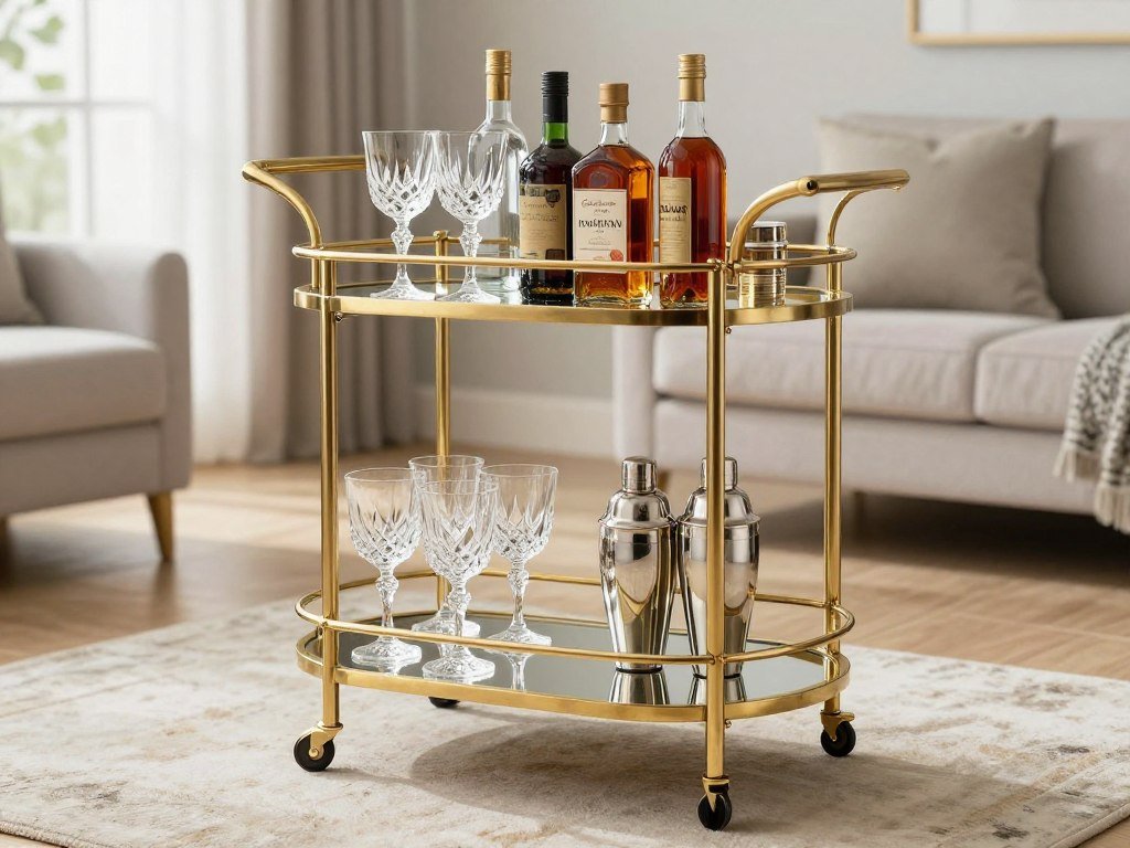 brass bar cart with wine glasses and spirits bottles in modern home setting