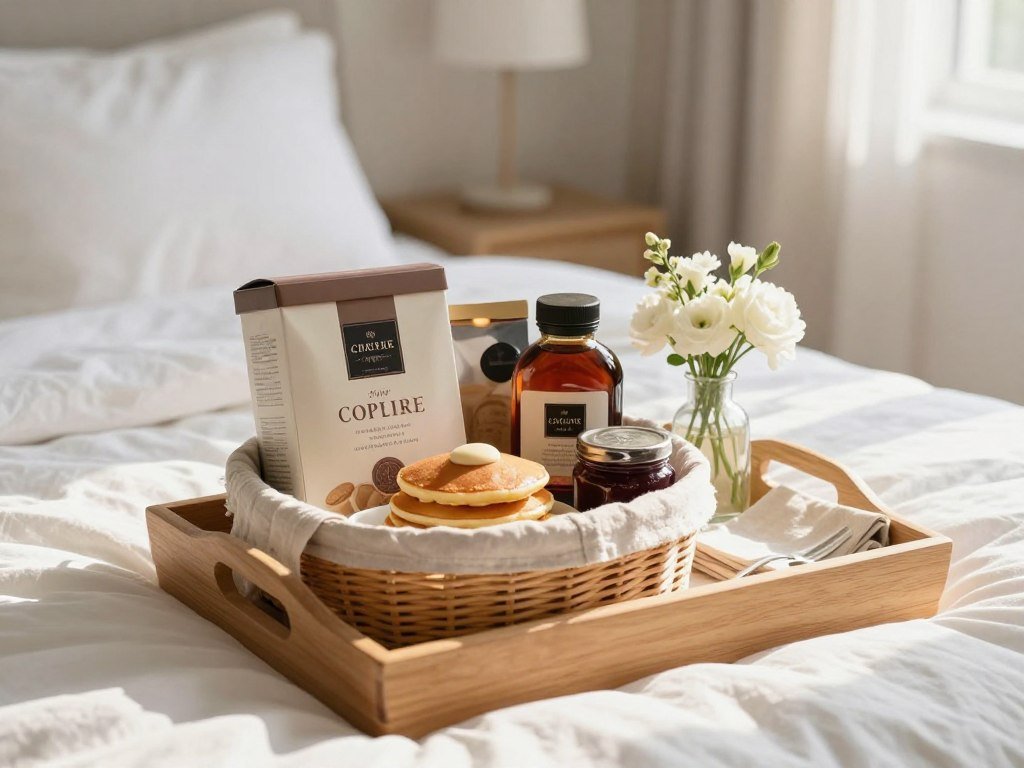 breakfast gift basket with serving tray and items