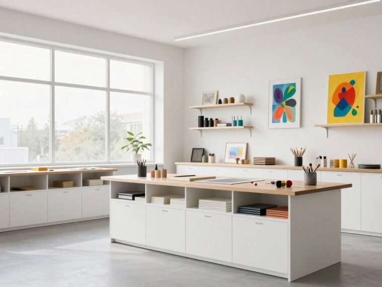 bright and organized art studio hobby room with white cabinets and natural light