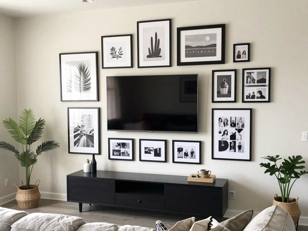 budget friendly TV gallery wall using affordable frames and printable artwork