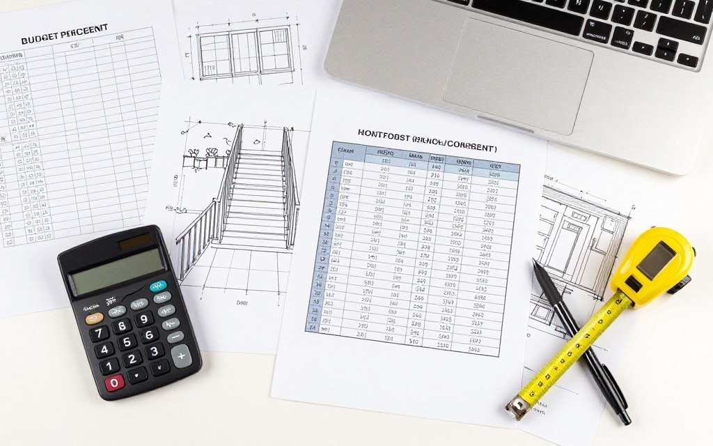 budget planning materials including calculator receipts and patio design sketches