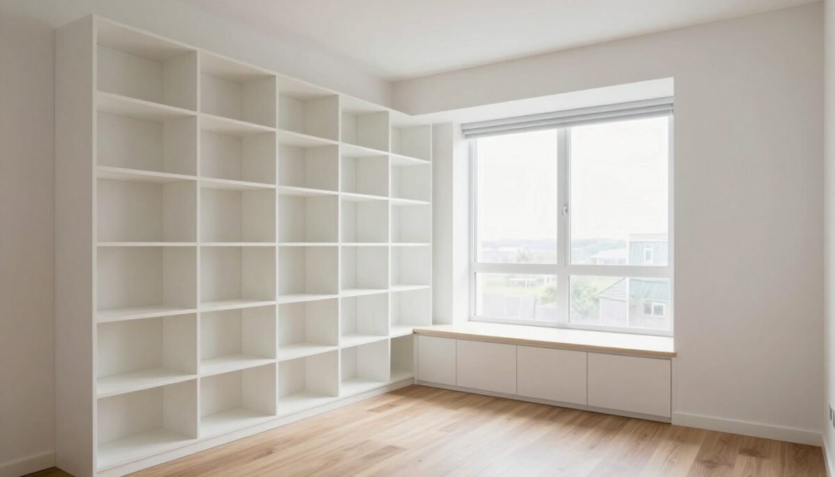 built-in storage shelving in small sitting room
