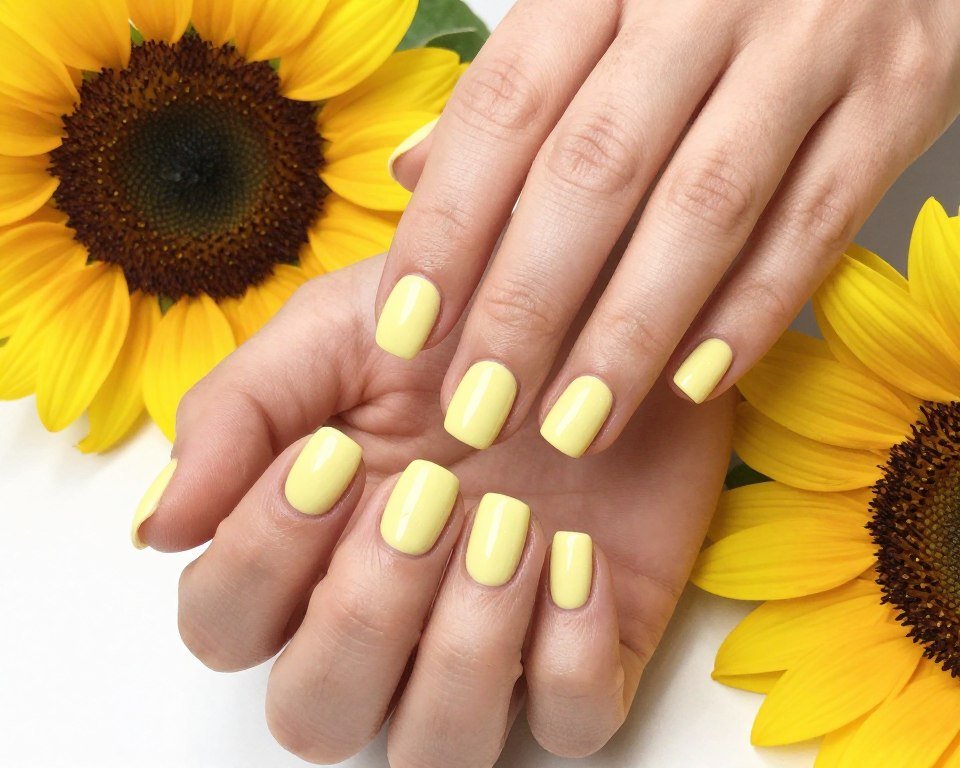 butter yellow May nail design with short rounded nails and glossy top coat