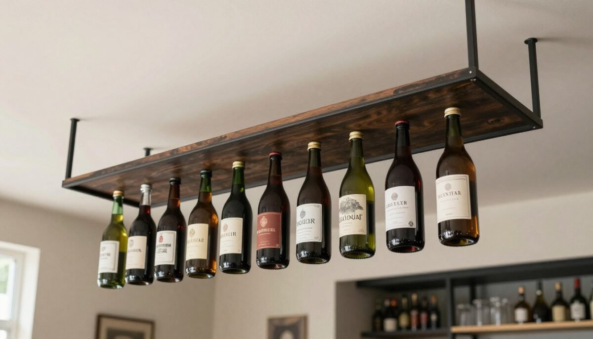 ceiling-mounted pot rack repurposed for bottle storage