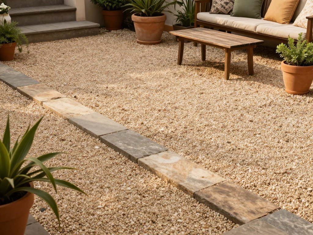 charming pea gravel patio with stone border and outdoor seating area