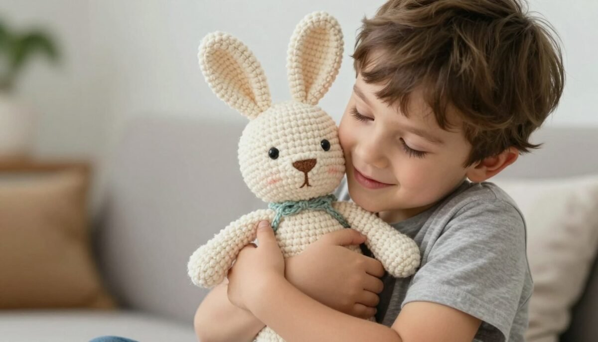 child hugging completed crochet bunny toy