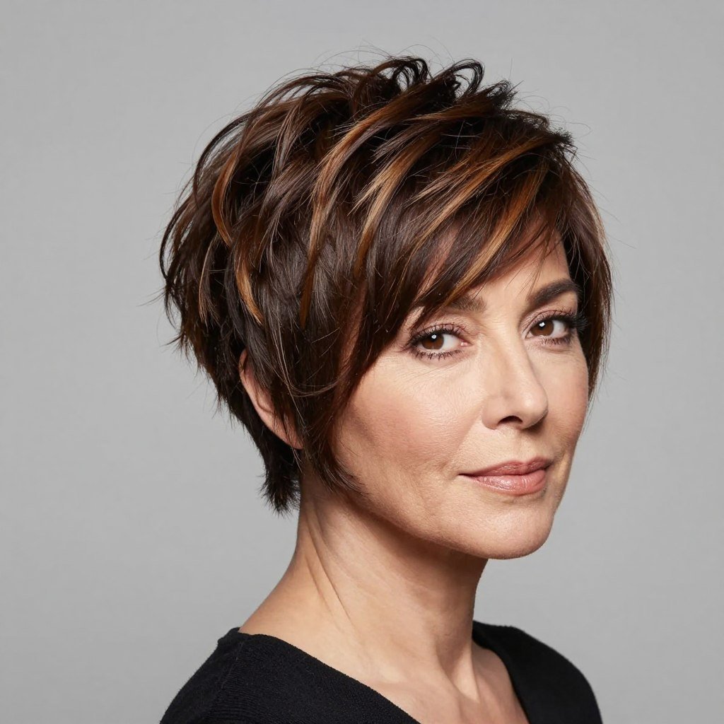 choppy brunette pixie shag with dimensional highlights